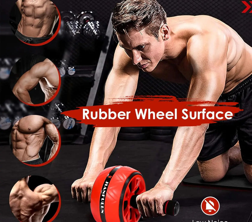 Man exercising with a red and black AB roller, surrounded by close-ups of his muscles.