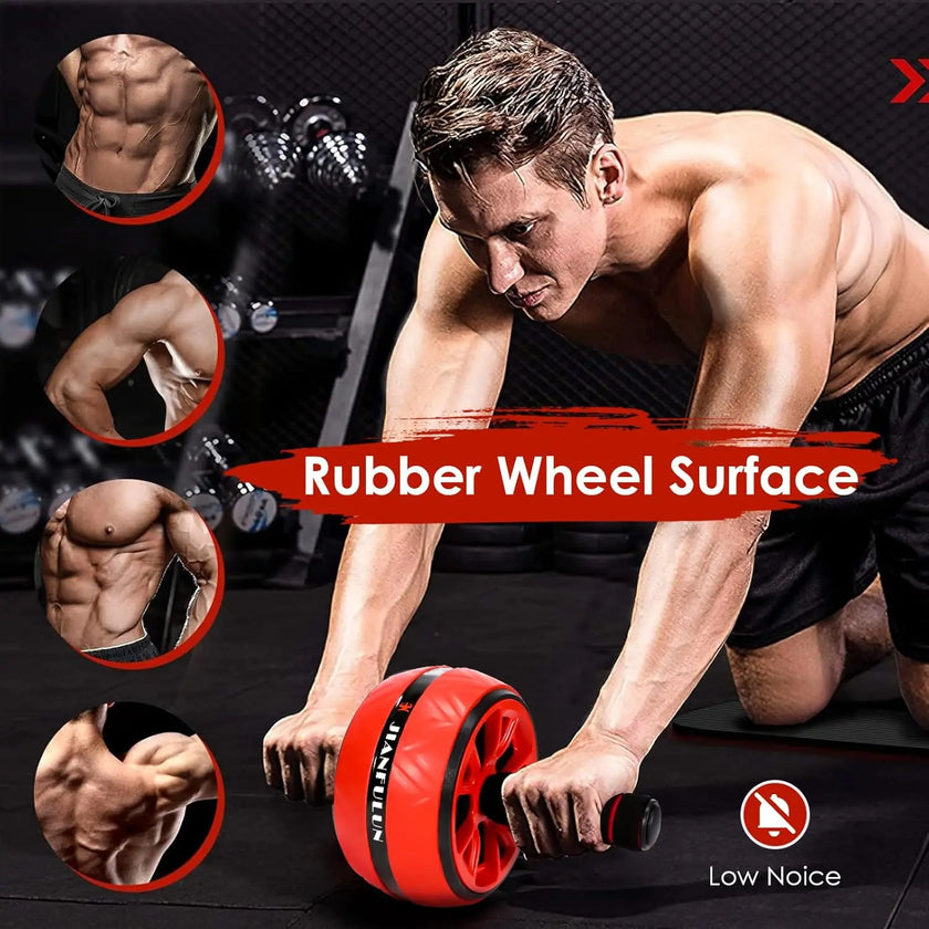 Man exercising with a red and black AB roller, surrounded by close-ups of his muscles.