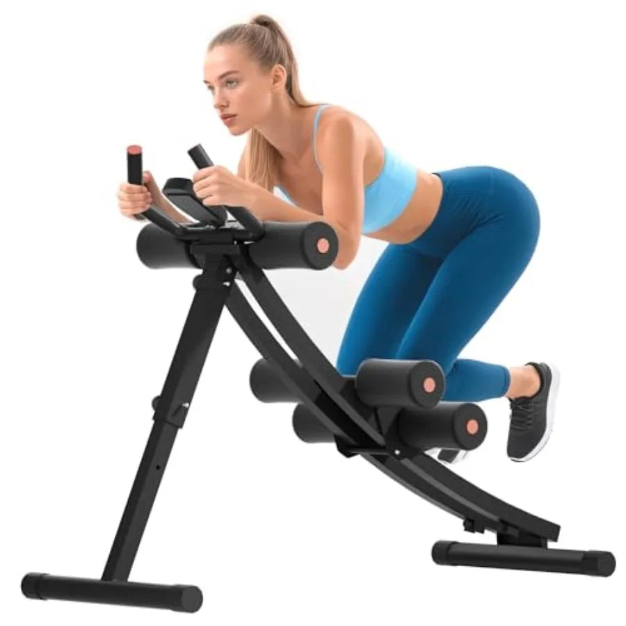 Woman using a black exercise machine on a white background