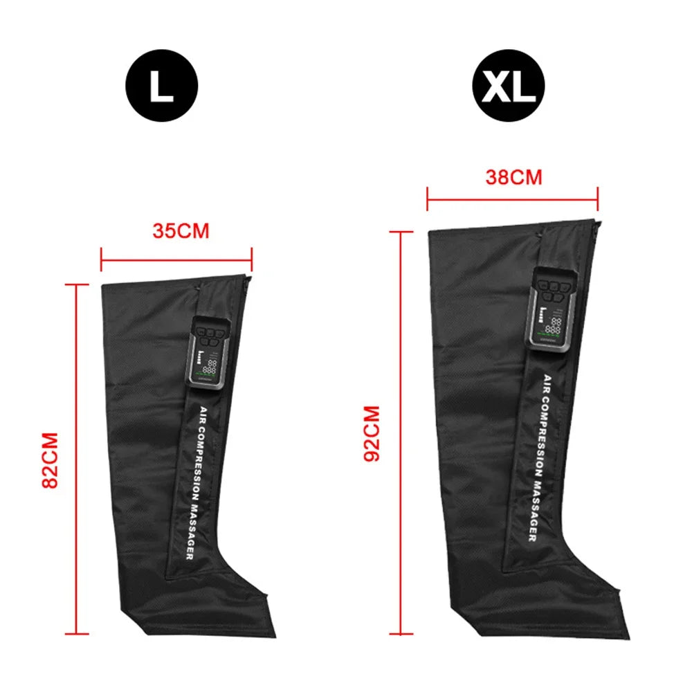Black air compression massage leg wraps with measurements for large (L) and extra-large (XL) sizes on a white background.