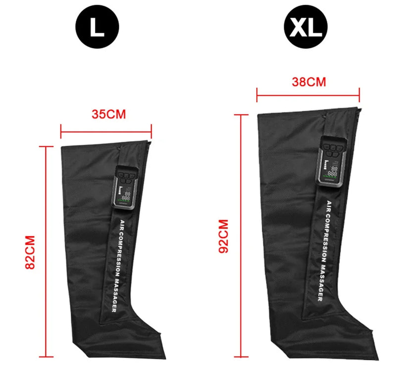 Black air compression massage leg wraps with measurements for large (L) and extra-large (XL) sizes on a white background.