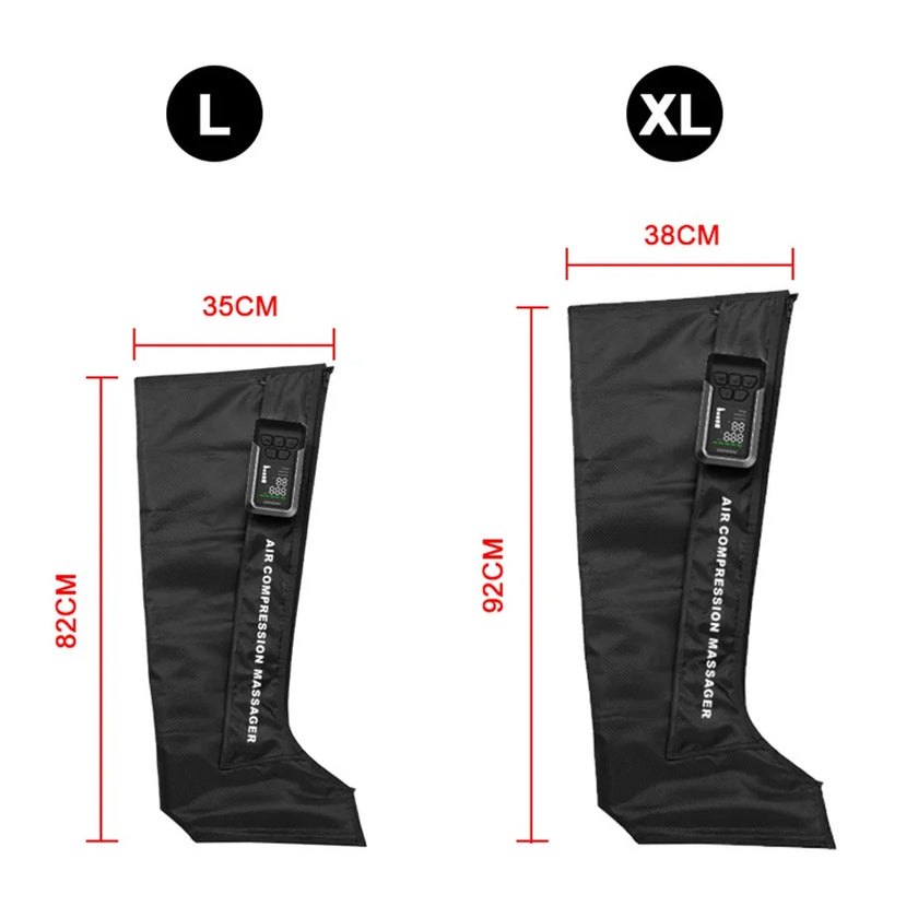 Black air compression massage leg wraps with measurements for large (L) and extra-large (XL) sizes on a white background.