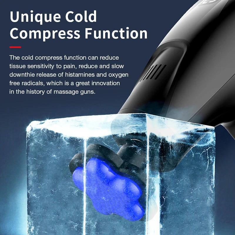 Massage gun with a block of ice and blue light, highlighting the cold compress function.