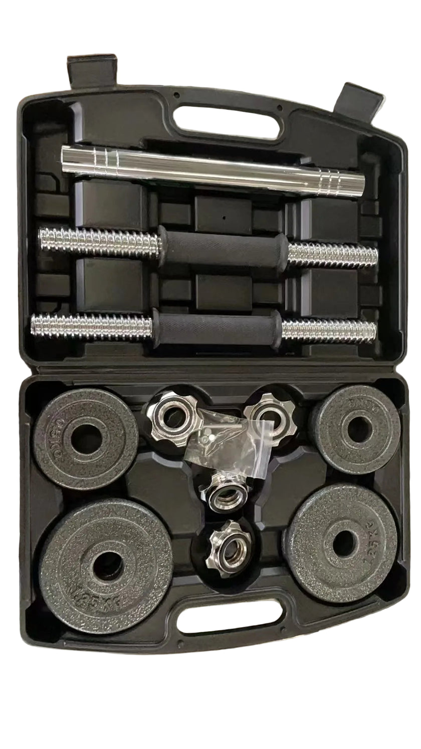 Dumbbell set with weights and attachments in a black carrying case.