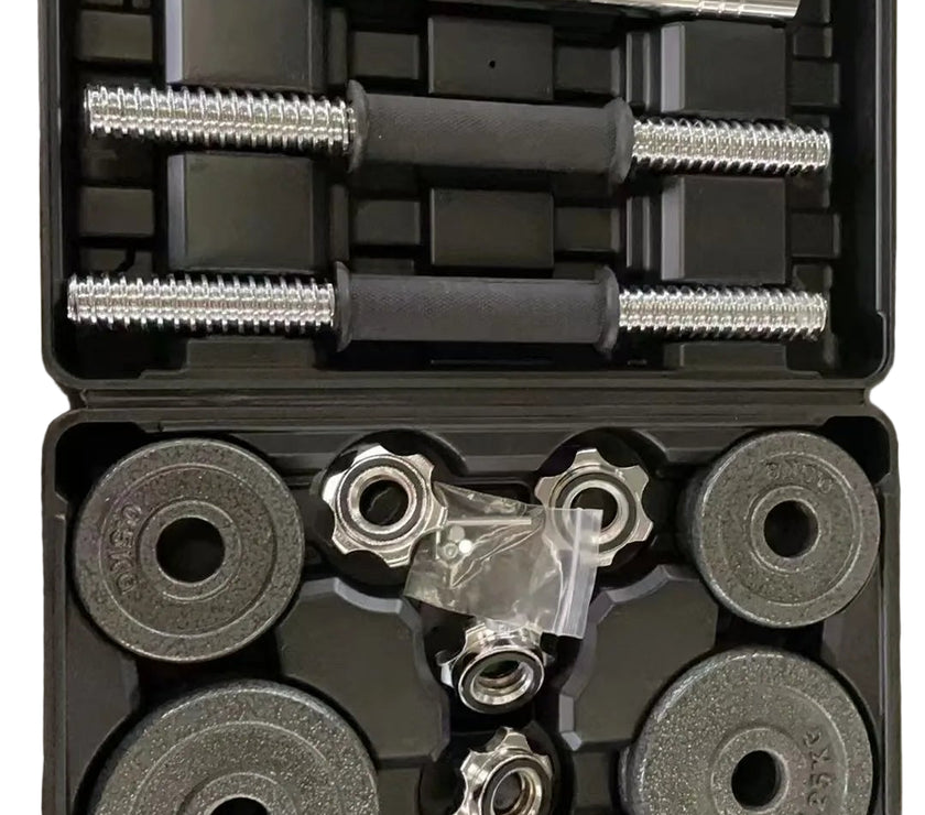 Dumbbell set with weights and attachments in a black carrying case.