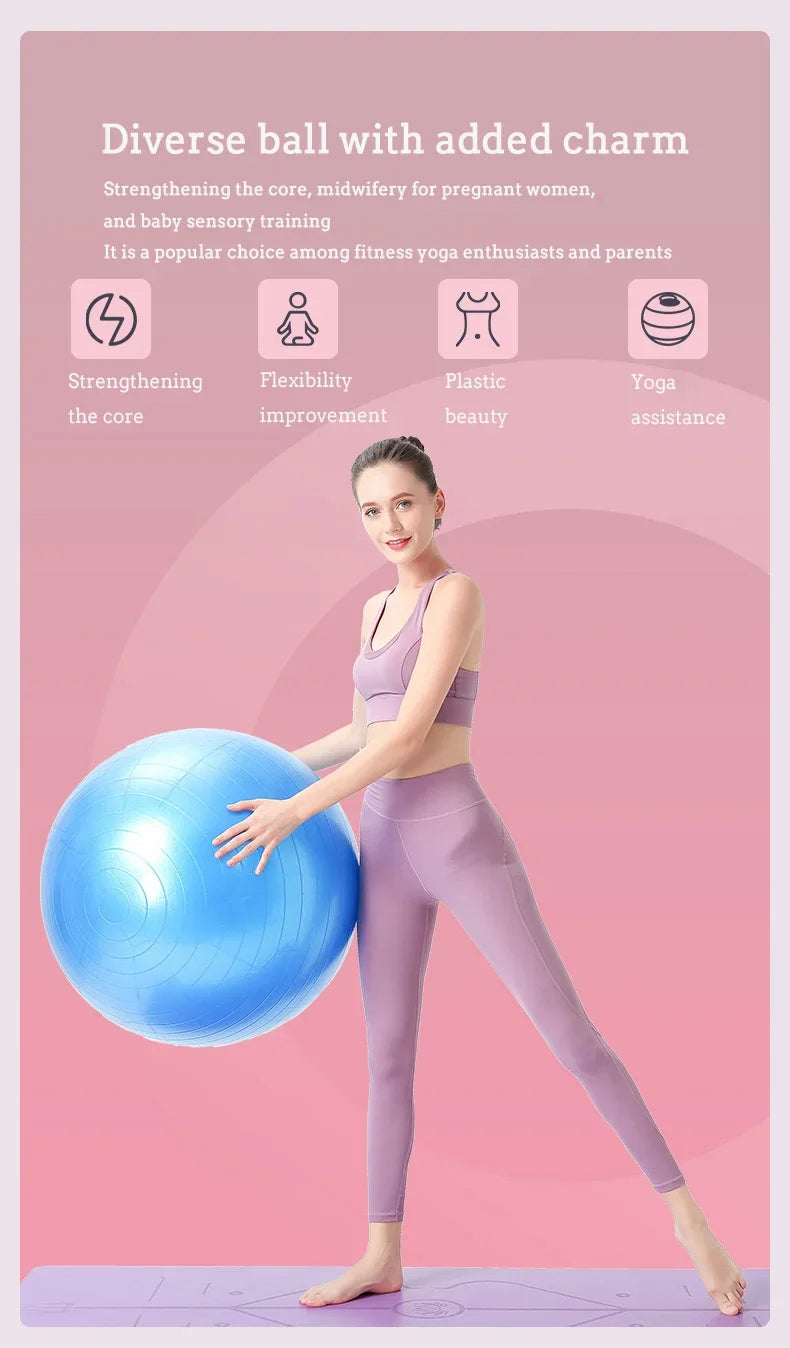 Woman holding a blue exercise ball with text about its benefits on a pink background