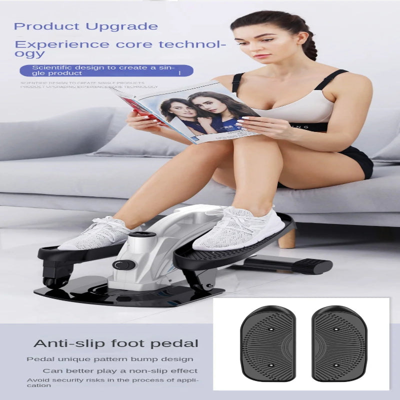 Woman using an exercise pedal on a couch with product details displayed.