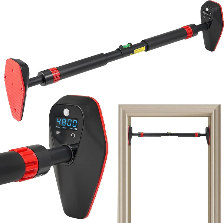 Black and red door puller with digital display on a white background