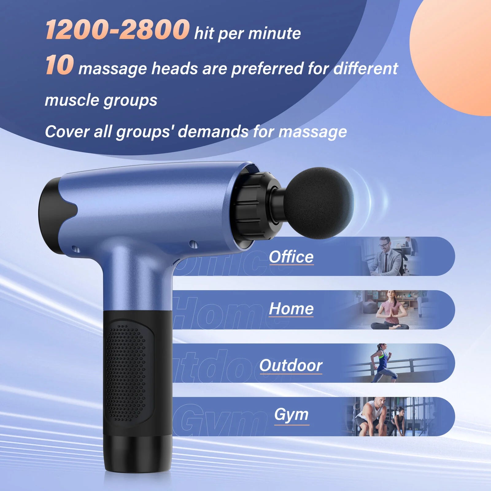 Blue massage gun with text on a blue background