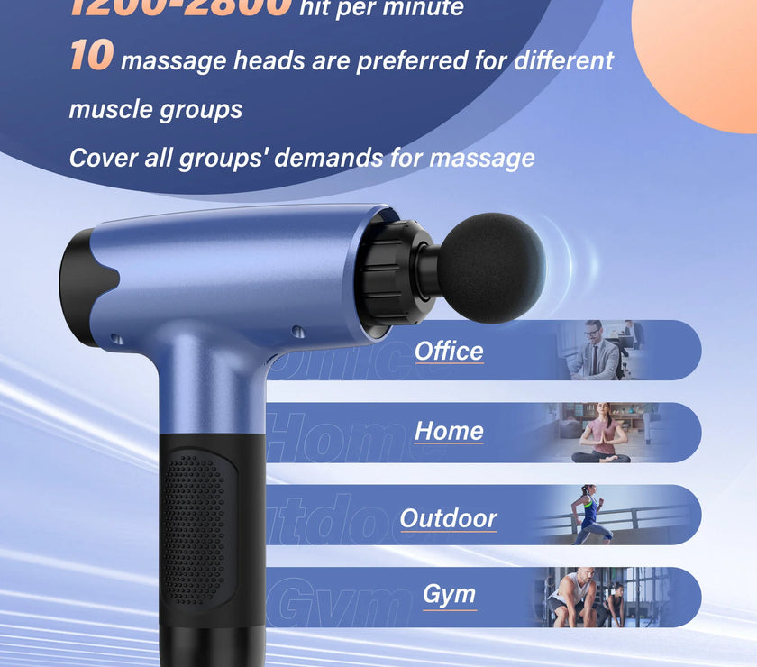 Blue massage gun with text on a blue background