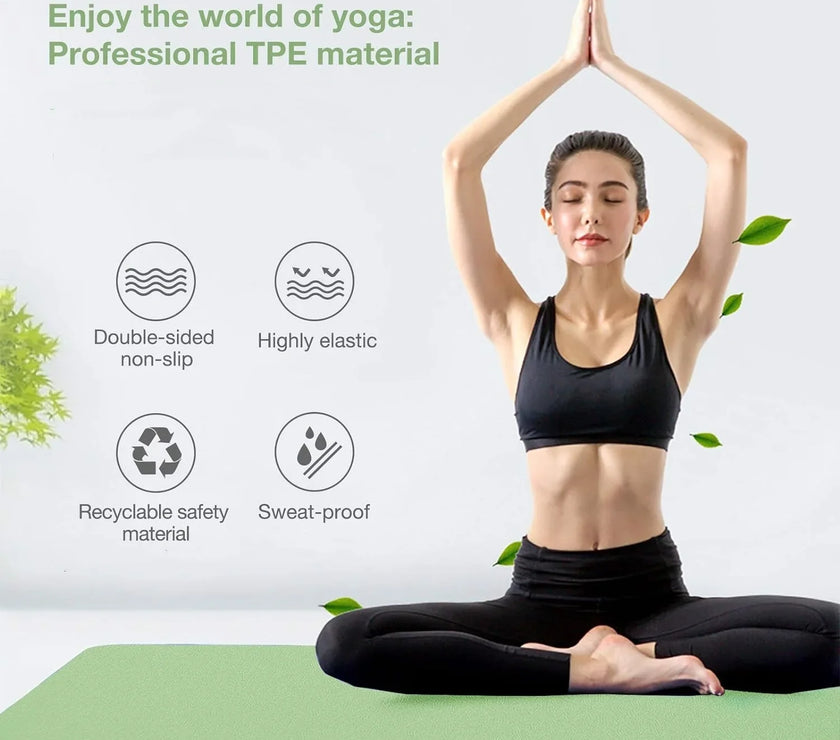 Woman practicing yoga on a green TPE mat with text highlighting material features.