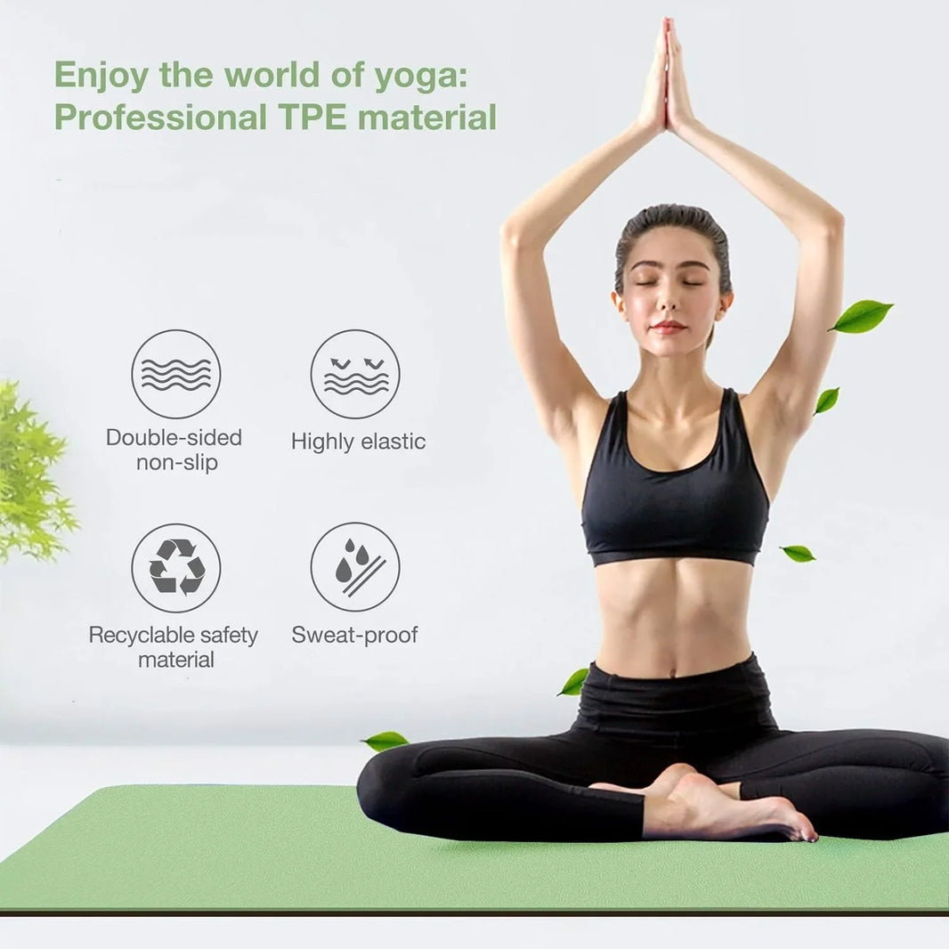 Woman practicing yoga on a green TPE mat with text highlighting material features.