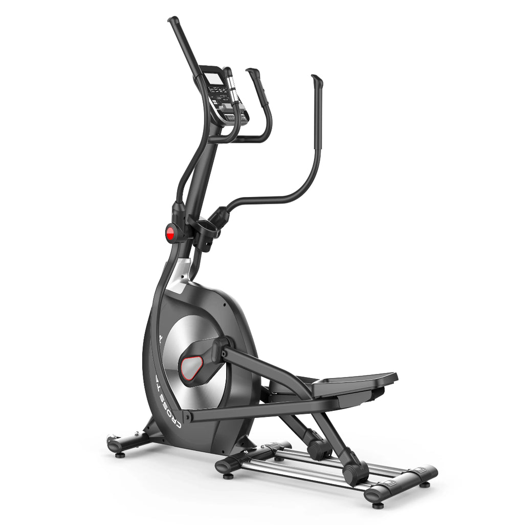 A gray magnetic elliptical trainer with a console and heart rate sensor, designed for cardio training.