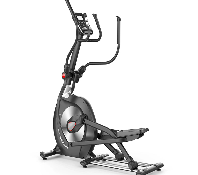 A gray magnetic elliptical trainer with a console and heart rate sensor, designed for cardio training.
