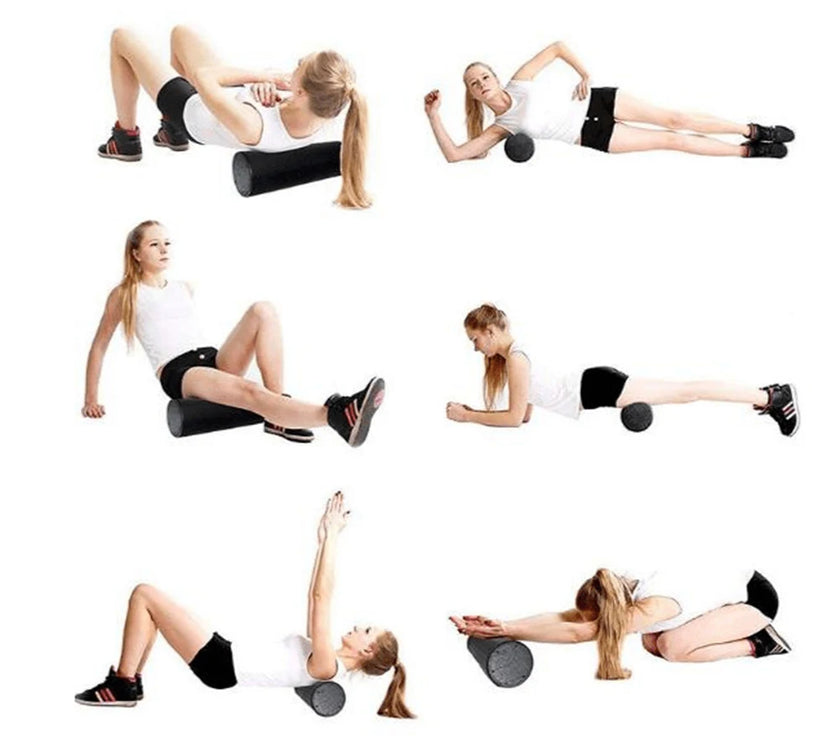 Woman performing various exercises with a foam roller on a white background