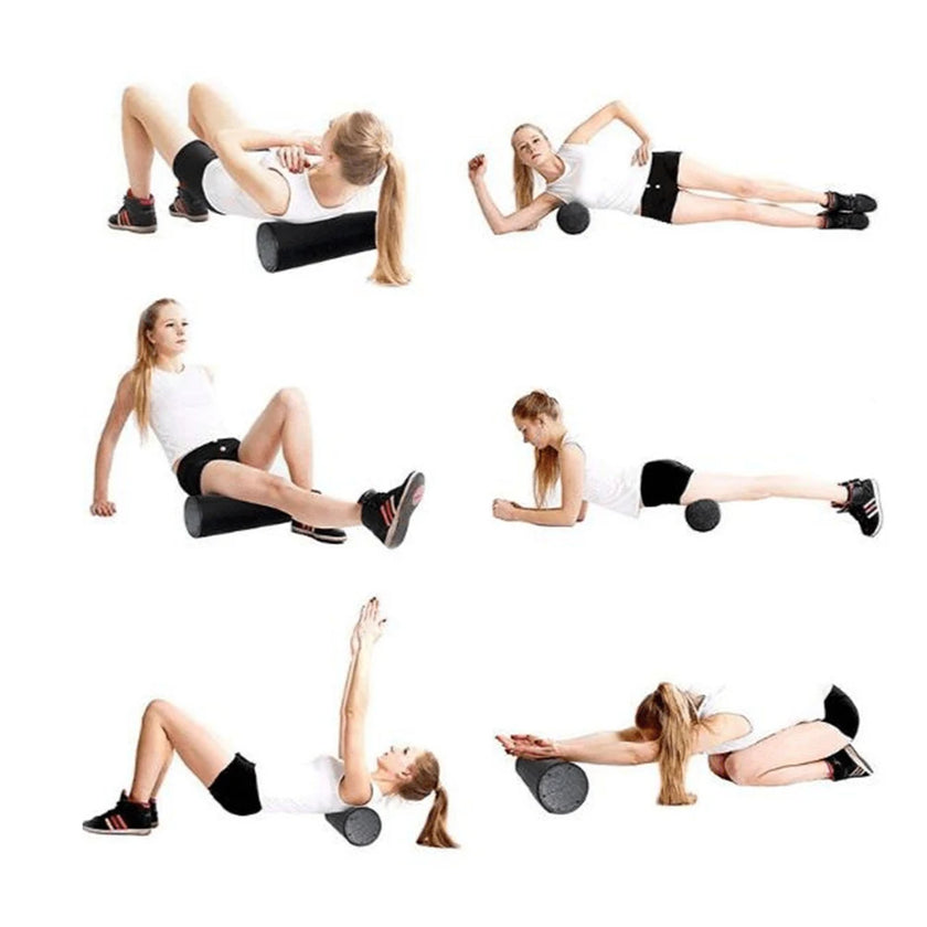 Woman performing various exercises with a foam roller on a white background