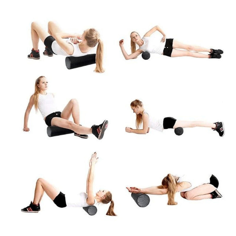 Woman performing various exercises with a foam roller on a white background