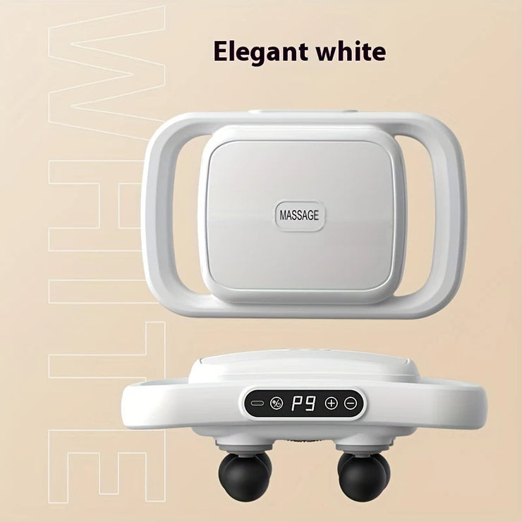 White massage device with digital display on a beige background