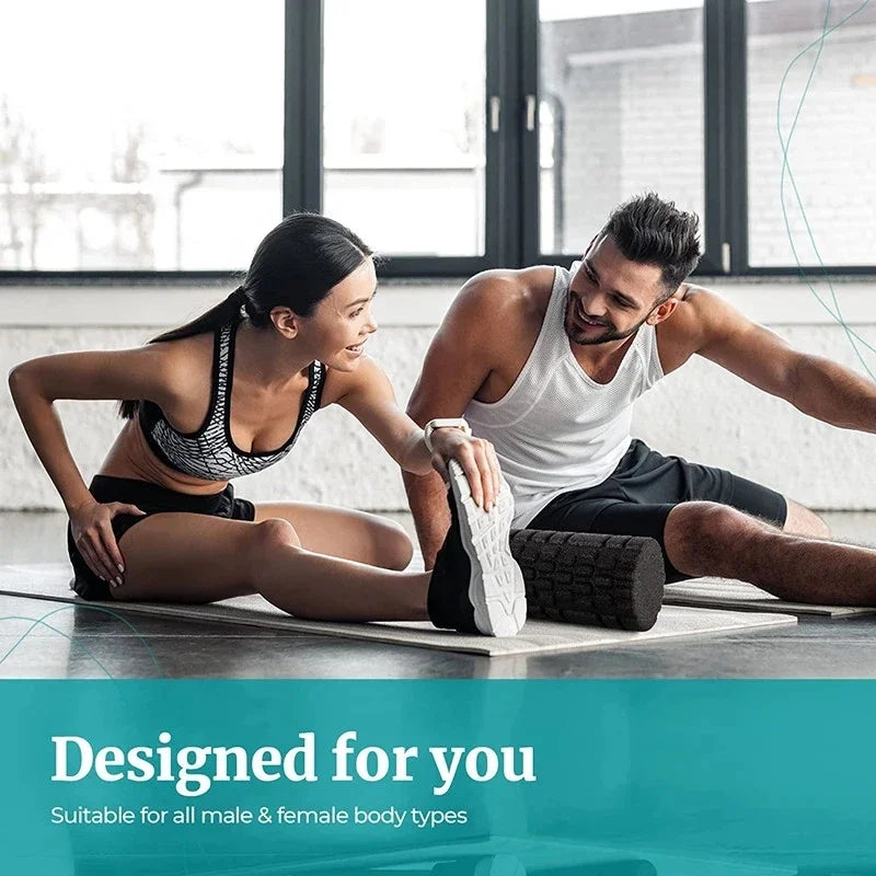 Man and woman stretching together on a mat with text 'Designed for you, Suitable for all male & female body types' at the bottom.