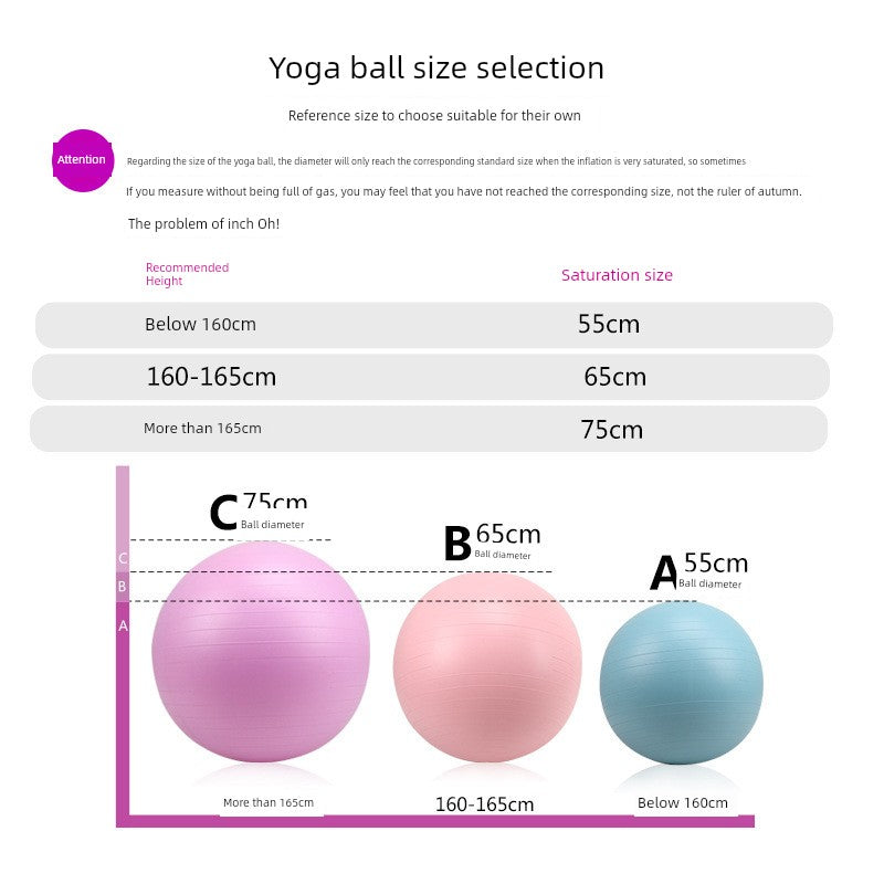 Yoga ball size selection chart with recommended sizes based on height and saturation