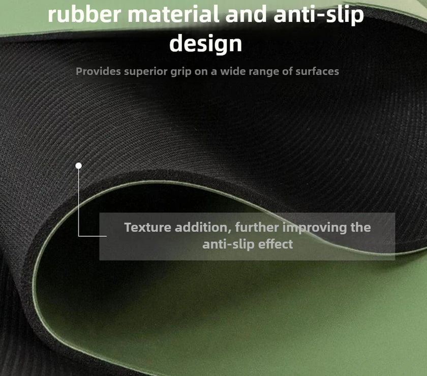 Green and black textured material with text about high friction coefficient and anti-slip design.