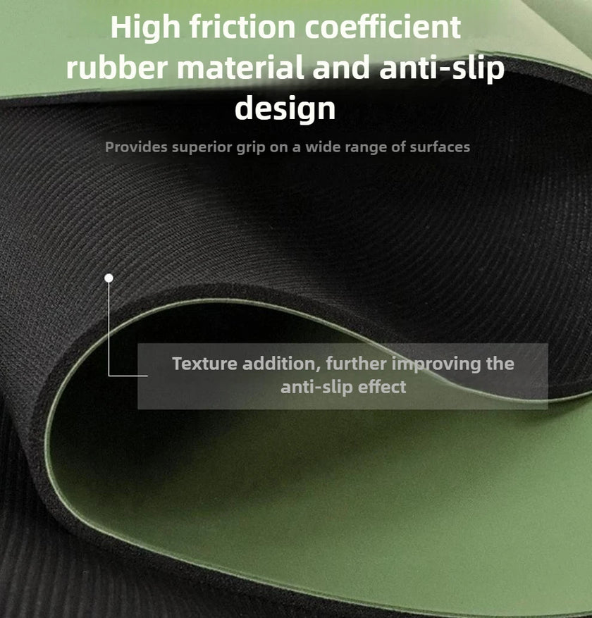Green and black textured material with text about high friction coefficient and anti-slip design.