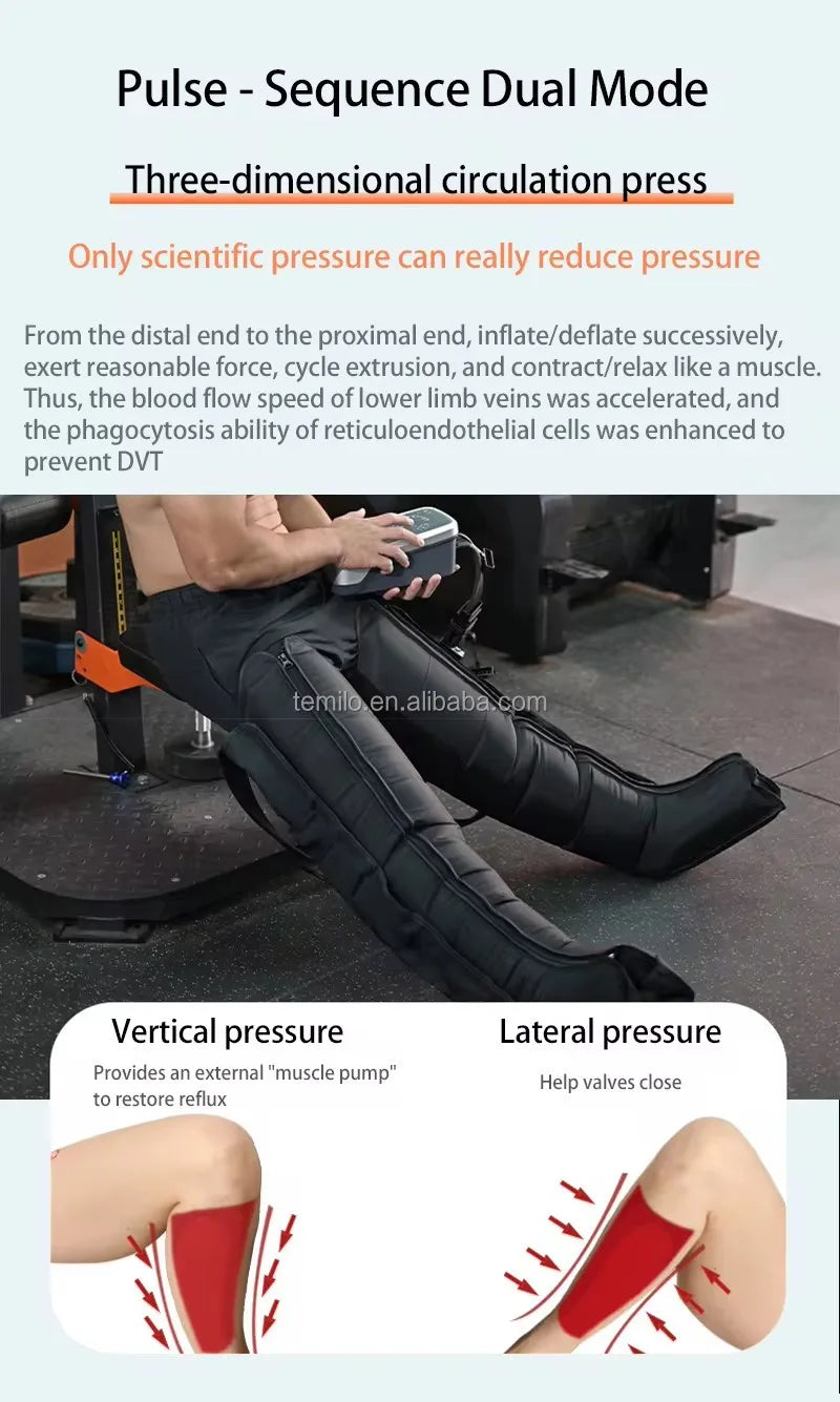Person using a leg press machine with text about pressure reduction and circulation press benefits.