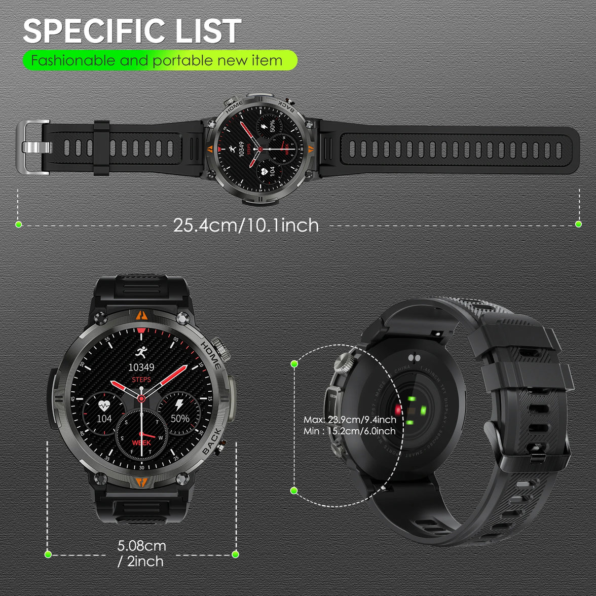Black smartwatch with measurements on a gray background