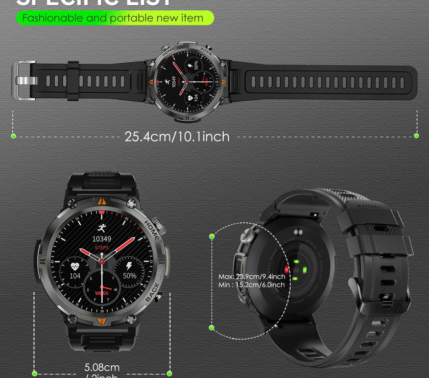 Black smartwatch with measurements on a gray background