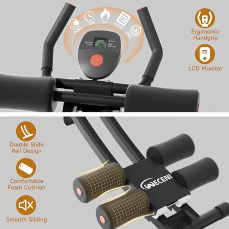 Exercise machine with ergonomic handgrip, LCD monitor, and other features on a gray background