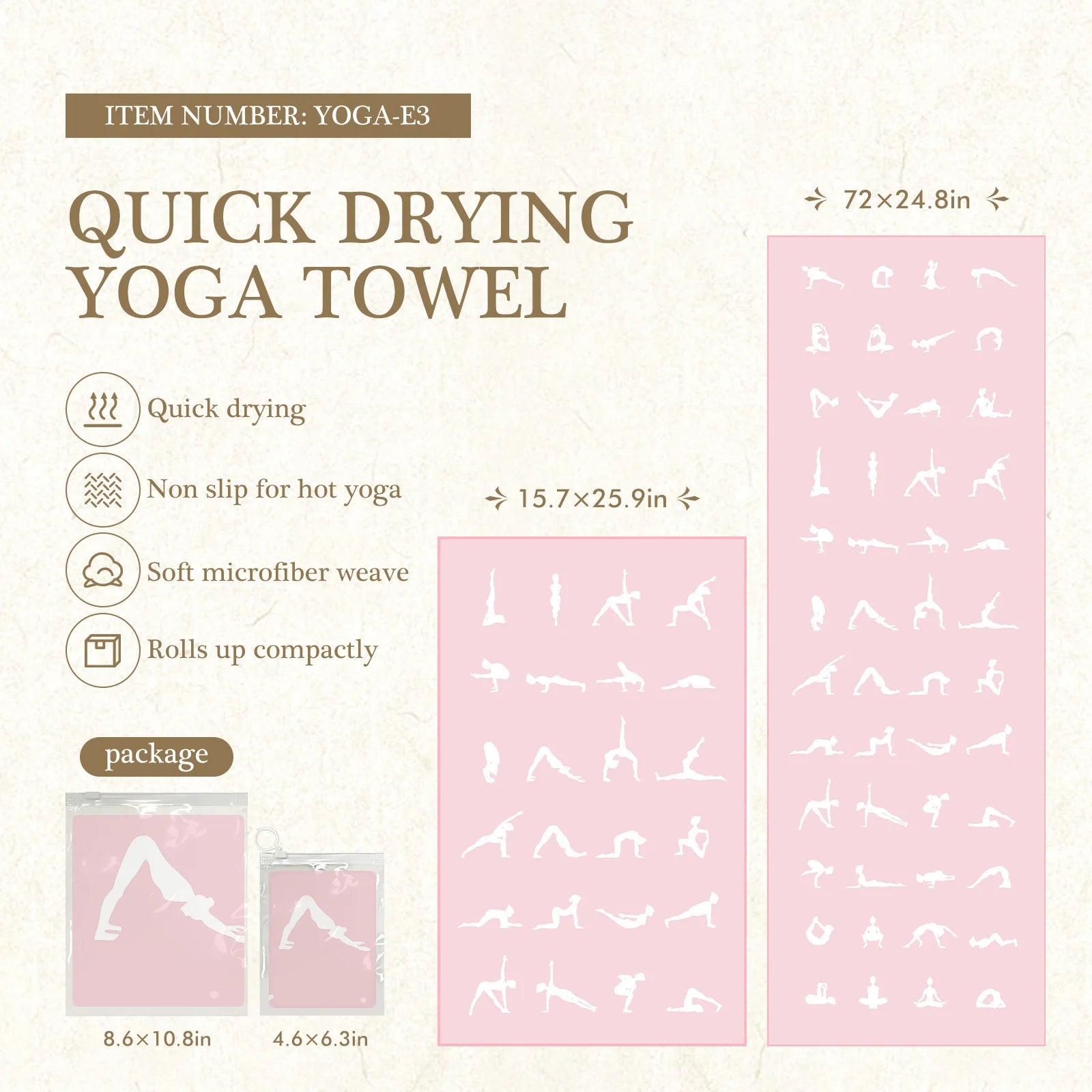 Quick drying yoga towel with pink packaging and white illustrations on a beige background