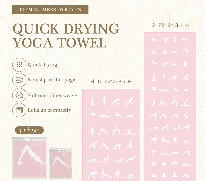 Quick drying yoga towel with pink packaging and white illustrations on a beige background