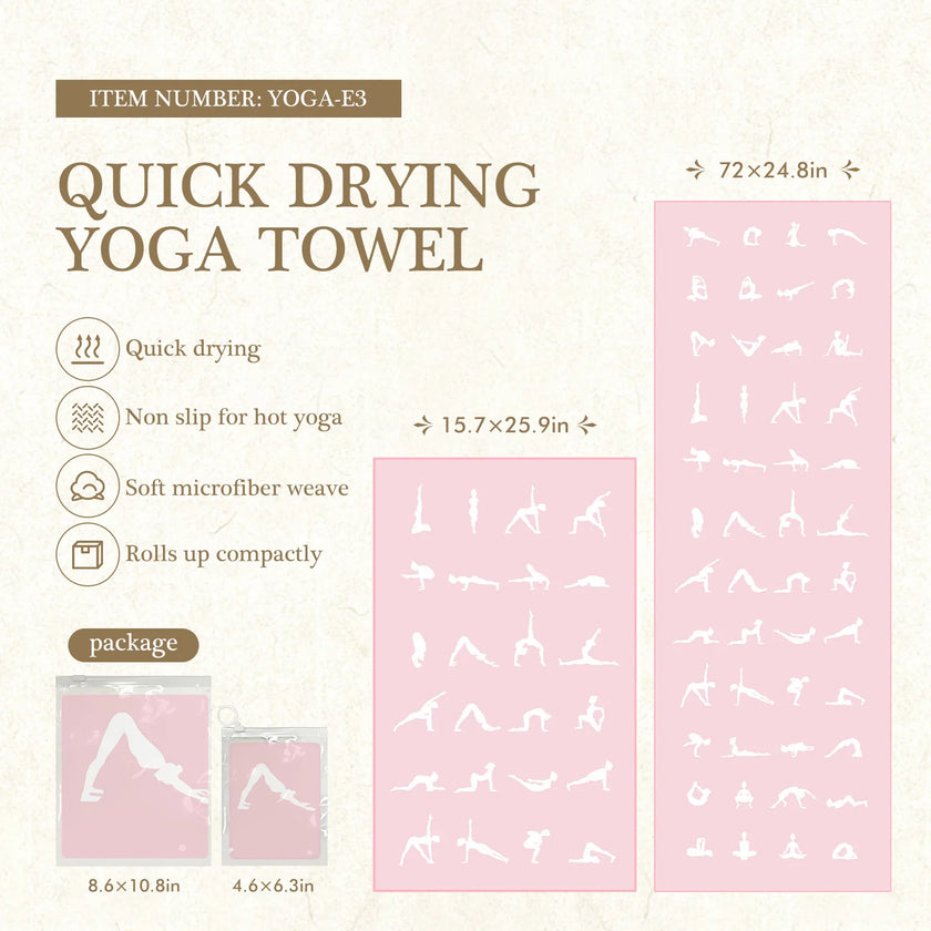 Quick drying yoga towel with pink packaging and white illustrations on a beige background
