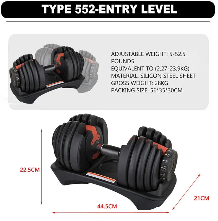 Pair of adjustable dumbbells with specifications on a white background