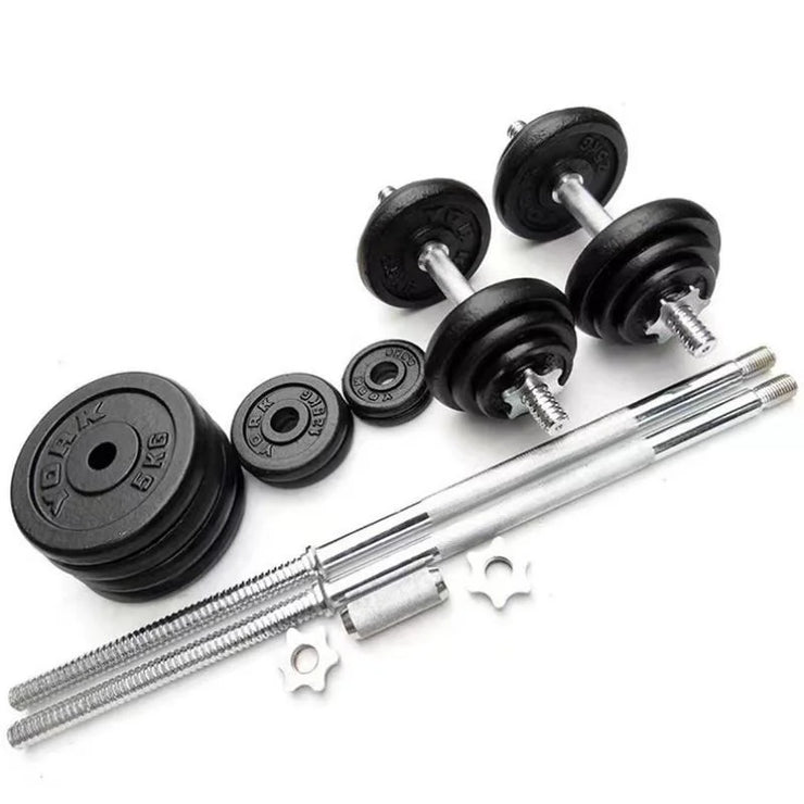 Dumbbell set with weights and barbell on a white background