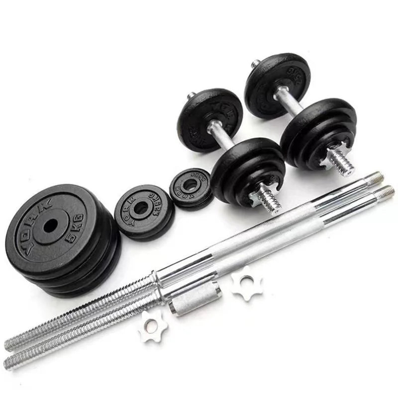 Dumbbell set with weights and barbell on a white background