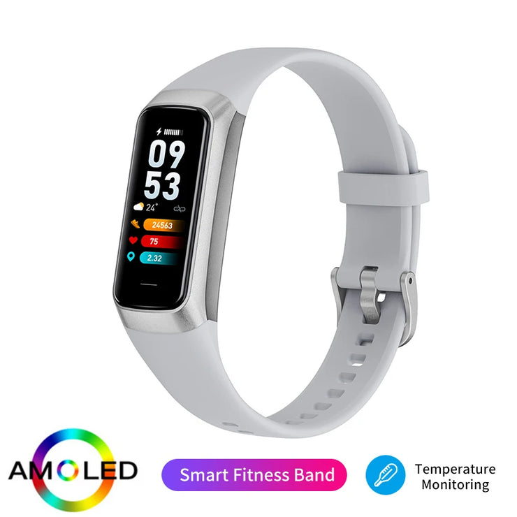 Smart fitness band with AMOLED display on a white background