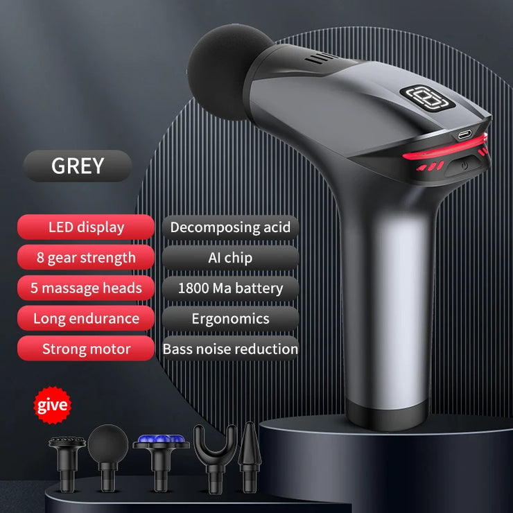 Massage gun with features listed on a dark background