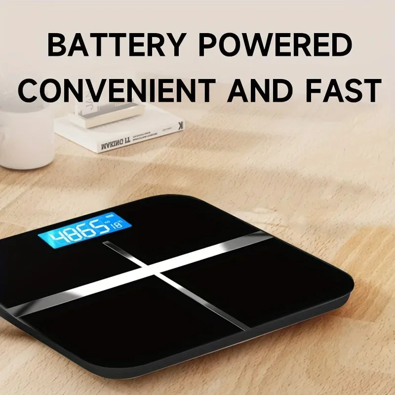 Digital weight scale on a wooden surface with text highlighting battery power, convenience, and speed.
