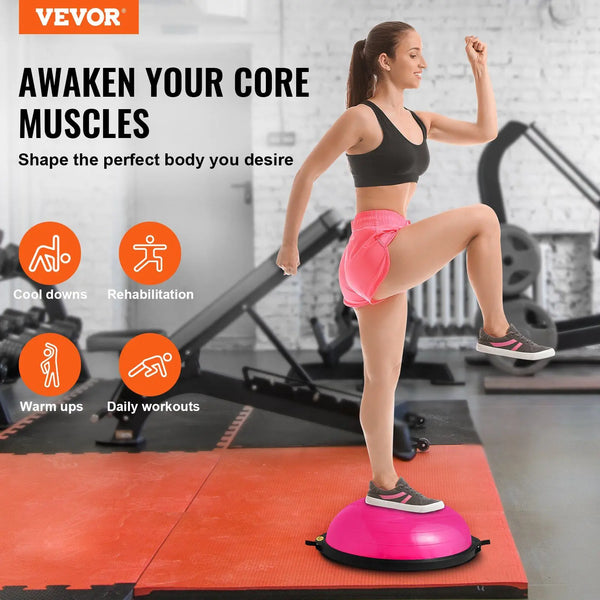 Woman exercising on a balance trainer with VEVOR branding and fitness benefits text.