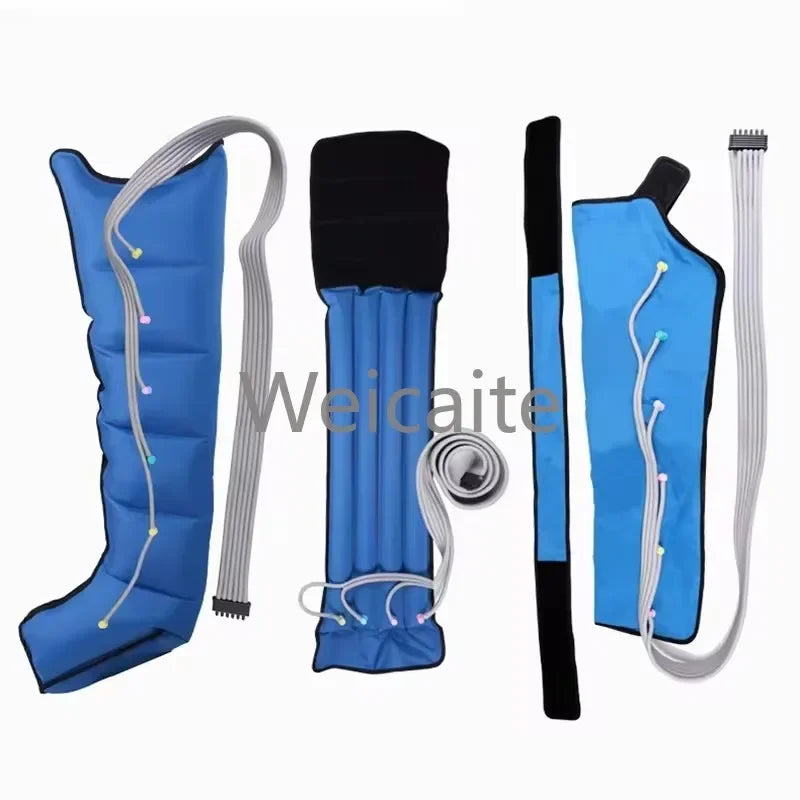 Blue and black inflatable leg wraps with straps on a white background, featuring the brand 'Weicaite'.
