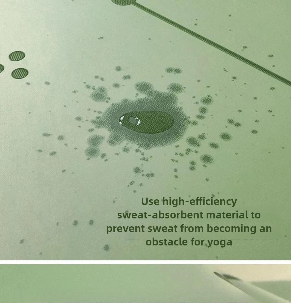 Yoga mat with sweat-absorbent material and text on a green background