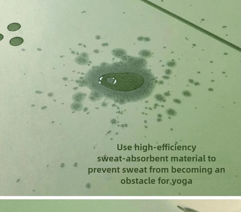 Yoga mat with sweat-absorbent material and text on a green background