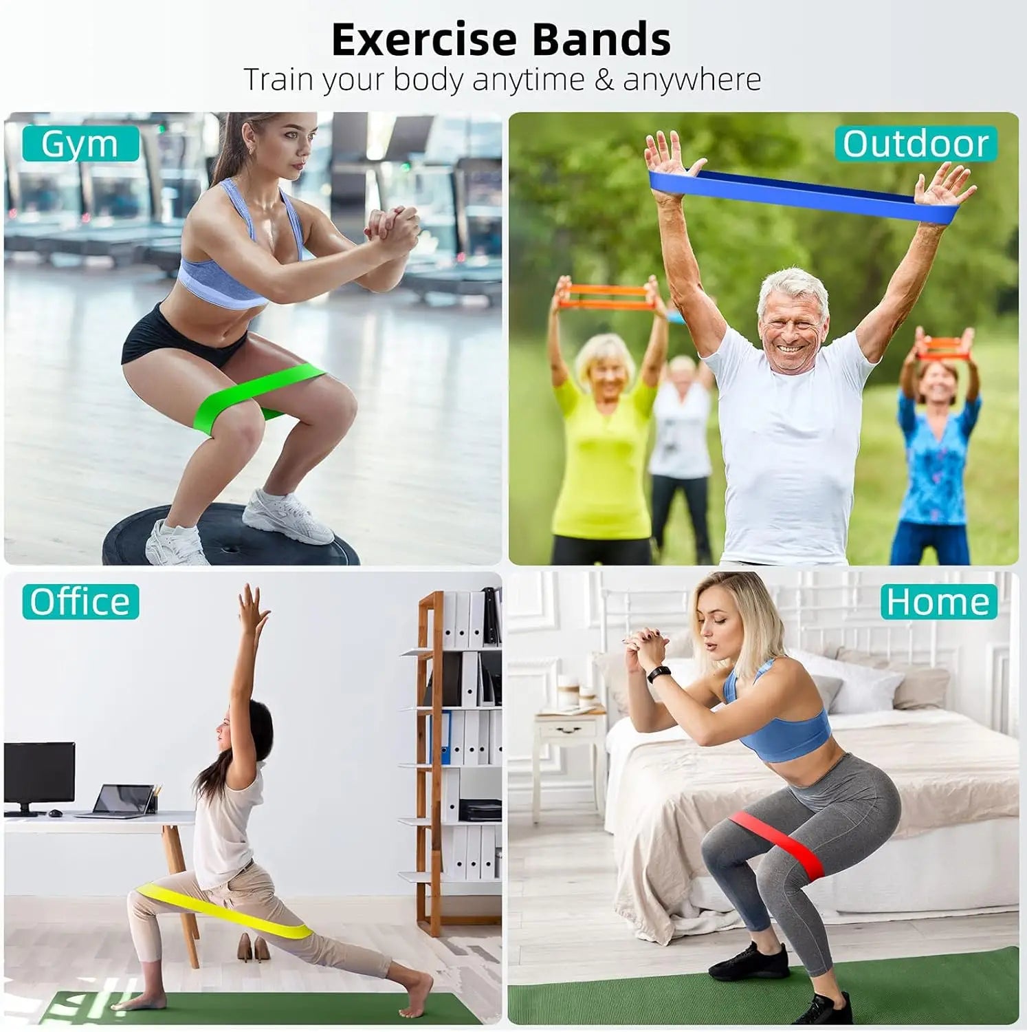 Collage of people using exercise bands in various settings including gym, outdoor, office, and home.