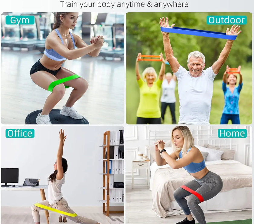 Collage of people using exercise bands in various settings including gym, outdoor, office, and home.