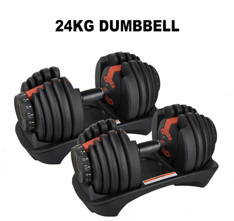 Pair of adjustable dumbbells with weight display on a white background