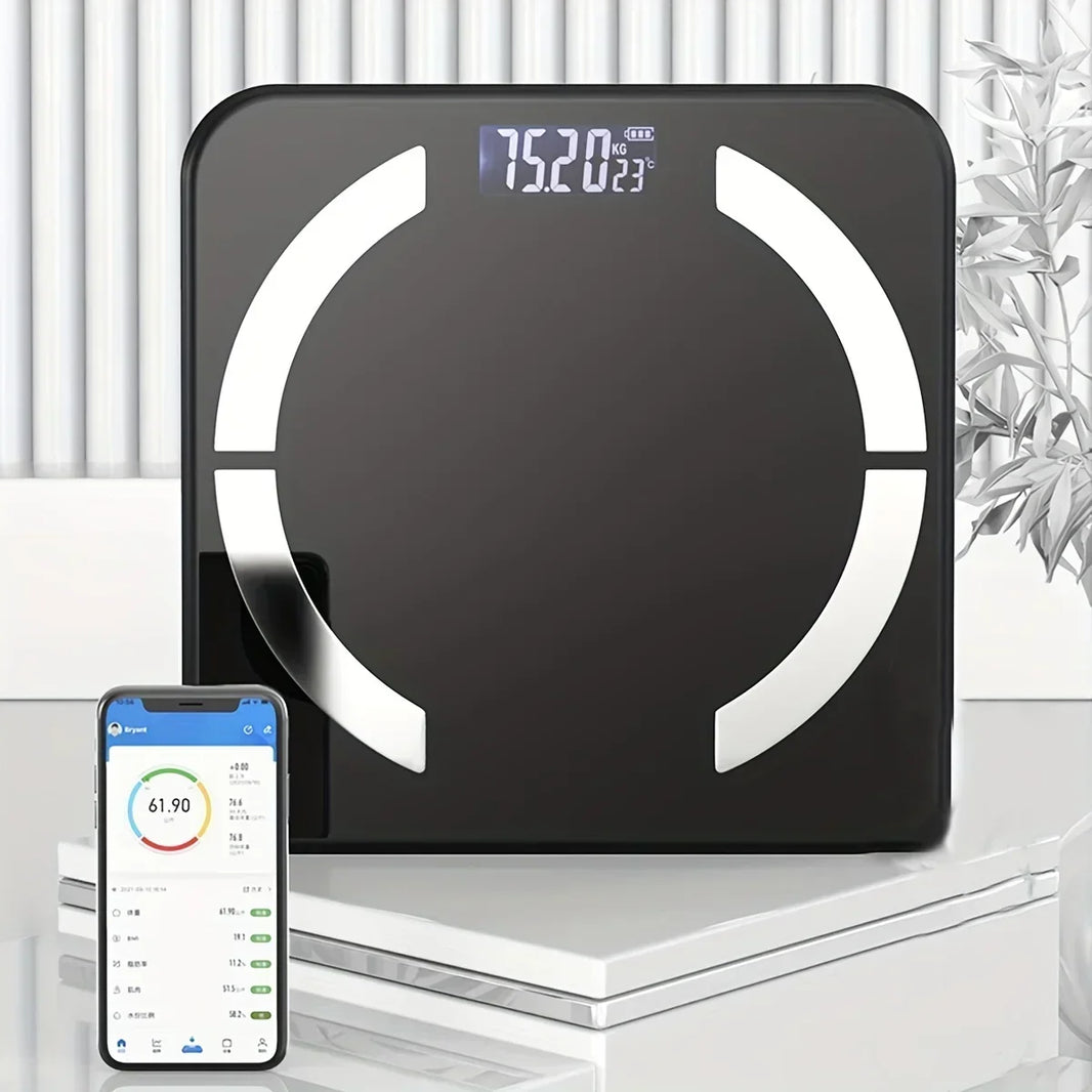Black digital bathroom scale with smartphone displaying app on a white surface.