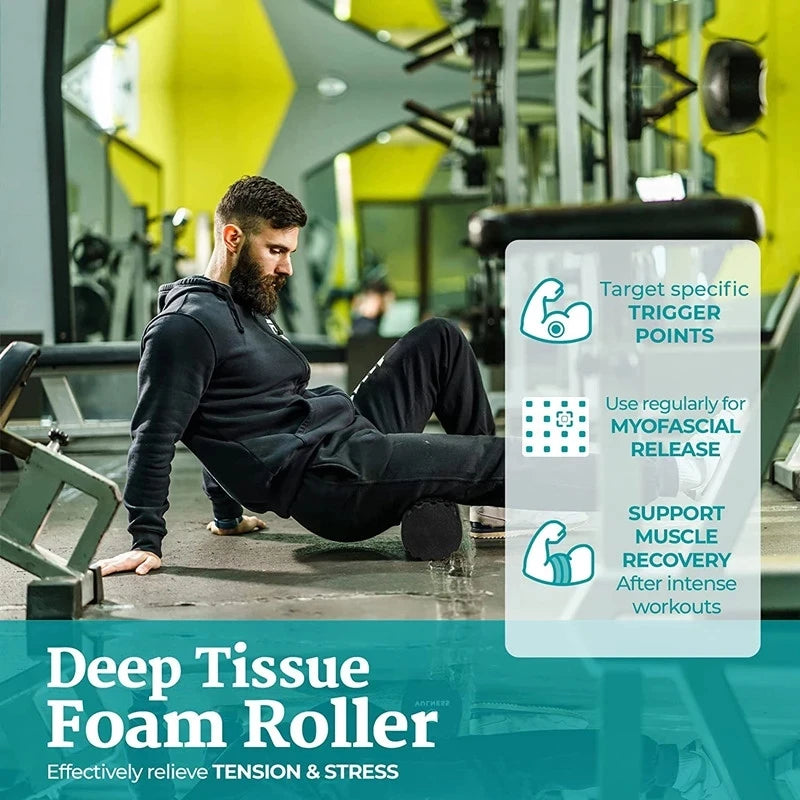 Man using a foam roller in a gym with product information overlay