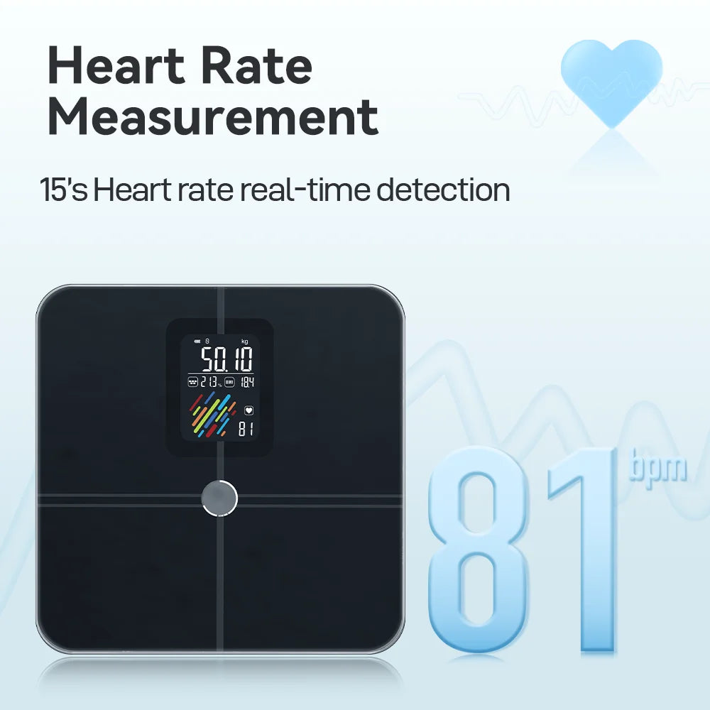 Black digital scale with heart rate measurement display on a light blue background