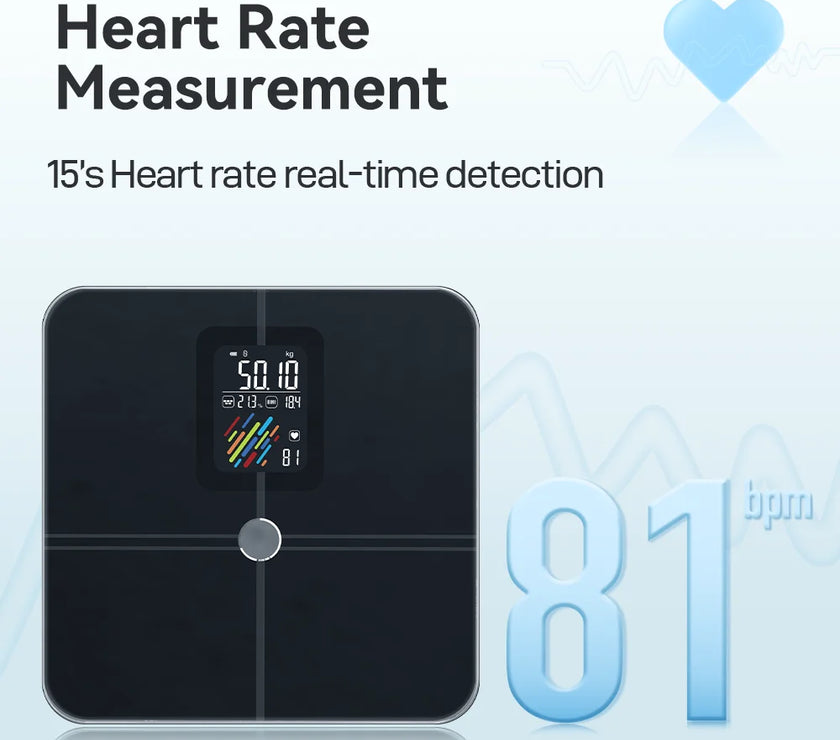 Black digital scale with heart rate measurement display on a light blue background